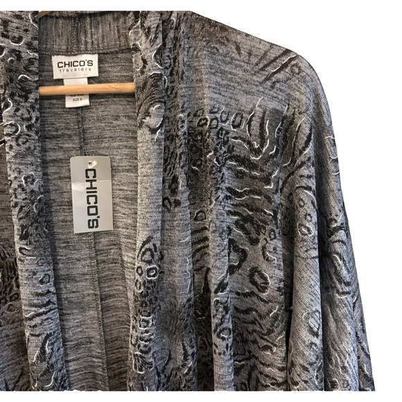 CHICOS Travelers Animal Print Open Front Cardigan Gray Black Large (Chicos 2) - Picture 5 of 9